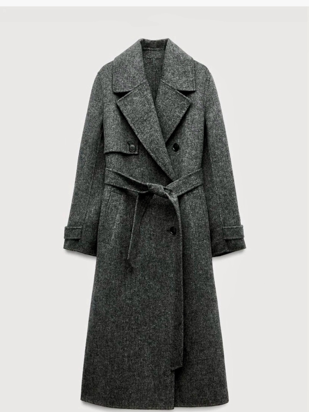 Zara Wool Blend Belted Long Coat - Gray XS